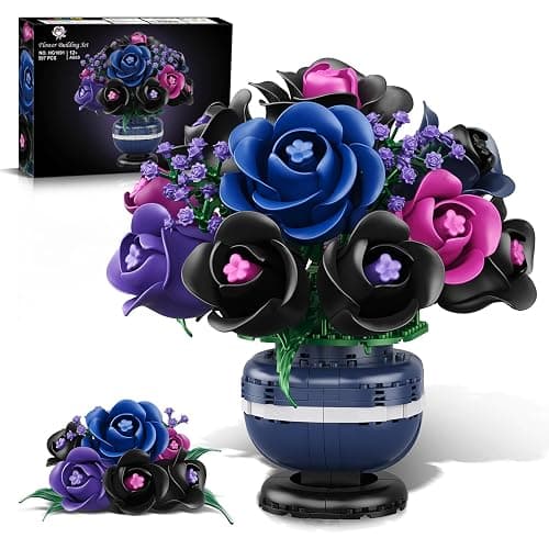 HiWEEGO Flowers Botanicals Building Set - Artificial Purple Black Rose Bonsai Plant for Home Decor, 507PCS Artificial Flowers Building Set Indoor Gothic Decoration, Christmas Birthday Gifts for Adults - Image 1