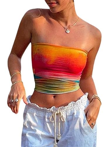 Women Y2k Tube Top Strapless Backless Bandeau Going Out Crop Top Aesthetic - A1 Colorful Orange - Small - Image 1