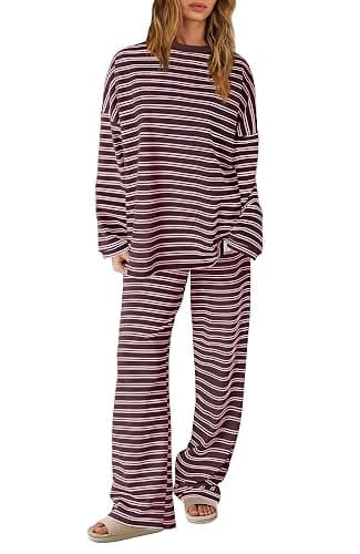 SENSERISE Womens Striped Lounge Set 2 Piece Outfit | Striped Long Sleeve Shirt, Wide Leg Pants, Pajamas Set, Crewneck, Color Block, Loose Fit, Casual Fall Airport Travel Outfit - Image 1