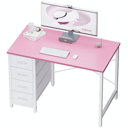 Pamray 32 Inch Computer Desk with 4 Drawers Small Office Desk for Home Bedroom Study Writing Simple Modern Computer Table Pink - Image 1