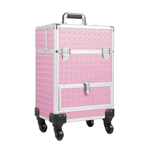 KHROOLT Rolling Makeup Case, Aluminum Cosmetic Train Cases with Drawer Rolling Makeup Cart Cosmetic Organizer 3 Tier Travel Case Salon Barber Case for Makeup Tattooist Nail Tech Hairstylists - Image 1