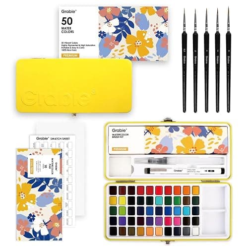 Grabie 50 Colors Premium All-In-One Water Color Paint Set - Detail Paint Brush Included, Watercolor Paints, Painting Sets, Art Supplies, Portable & Travel Watercolor Set, Amateur Hobbyists - Image 1