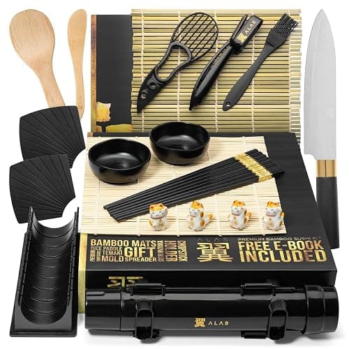 Alas Sushi Making Kit- Complete Sushi Making Kit for Beginners & Pros Sushi Makers, Perfect Sushi Making Kitchen Accessories Like Sushi Knife, 2 Sushi Mats, Rice Bazooka, Dipping Plate, & More (Black) - Image 1