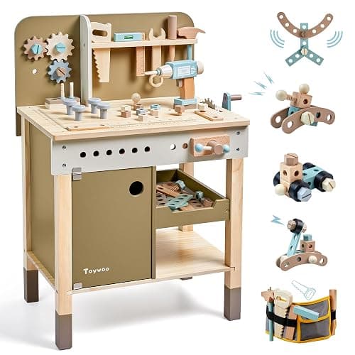Kids Tool Set,Wooden Tools Bench with Apron Toddler Toy Workbench with Realistic Tools Electric Drill STEM Construction Toy Gifts for Age 3-9 Boys Girls - Image 1