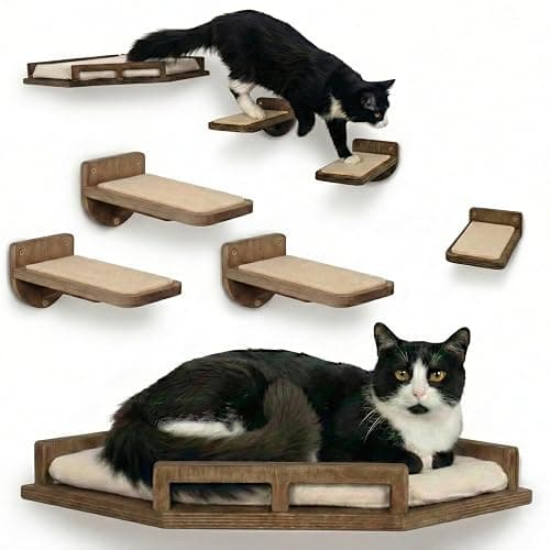 INICIO Cat Wall Shelves - Safe and Sturdy Cat Wall Furniture - Stylish Natural Wood Corner Shelf with 3 Steps for Cats up to 15lbs - Cushioned Perch and Stairs for Climbing and Playing - Dark Brown - Image 1
