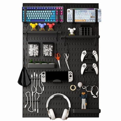 Keepo Peg Board Wall Organizer for Gaming Setup, Pegboard with Adhesives & Screw Mounts, Includes Peg Board Accessories for Gaming Accessories, Tech Storage & Office Organization (Black, 33″×22″) - Image 1