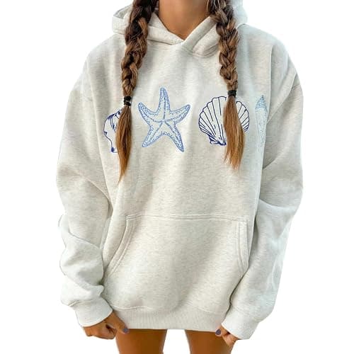 Cute Hoodies for Teen Girls Y2k Seashell Graphic Beach Oversized Sweatshirt | Women Embroidered Ocean Print Baggy Jacket Coastal Aesthetic Clothes Streetwear - Image 1