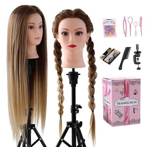 24" Hairdressing Head, Mannequin Head with Synthetic Fiber Hair Manikin Practcie Training head for Hair Styling Blonde Gradient Styling Head with Clamp Hair Braid Accessoires Set - Image 1