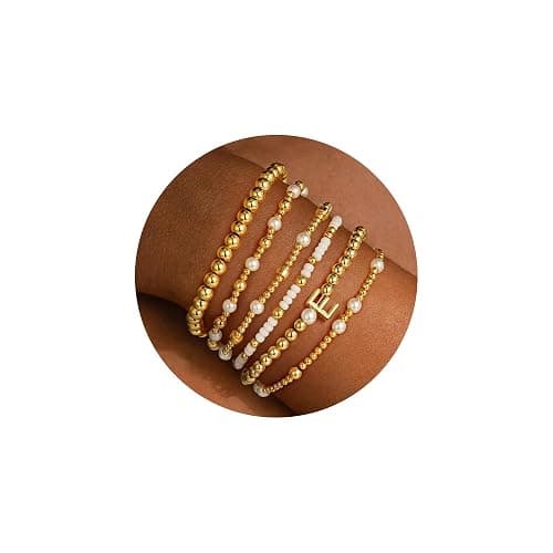 Turandoss 6PCS Beaded Initial Bracelets for Women Girls Jewelry Gifts - 18K-Gold-Plated Beaded Initial Letter Bracelet for Girls Women Initial A-Z Stretch Bead Stackable Bracelet Jewelry Set Gifts - Image 1