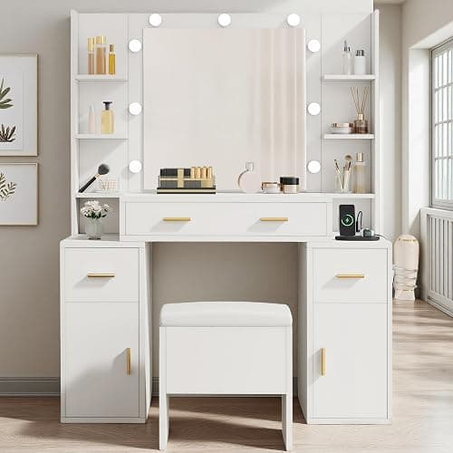 DWVO Makeup Vanity Set with Mirror & 3-Mode Lights, Vanity Desk with Storage Stool, Power Outlet, Shelves, Drawers & Hair Tool Holder, Dressing Table for Apartment Dorm Guest Room, White - Image 1