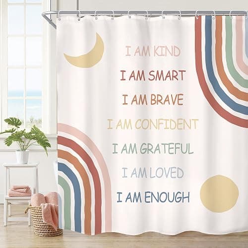Imirell Kids Boho Rainbow Shower Curtain 60Wx72H Inches Inspirational Quotes Abstract Motivational Positive Teen Girls Women Pink Muted Moon Sun Fabric Waterproof Polyester 12 Pack Hooks Plastic - 60"W x 72"L (Pack of 1) - A-rainbow - Image 1