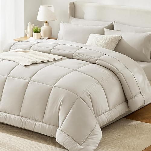 CozyLux Queen Comforter Set Beige, 7 Pieces Bed in a Bag, Beige Comforter Queen Size, All Season Bedding Sets with Stitch Quilted Comforter, Flat Sheet, Fitted Sheet, Pillowcases - Image 1