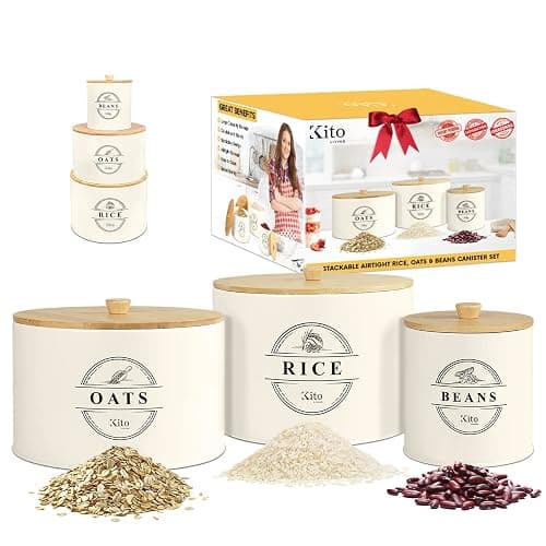 Kito LIVING Canisters Sets for Kitchen Counter Storage and Organization with Wooden Bamboo Lids, Food Pantry Containers, Stackable Steel Storage Bins, Airtight Beans Oats Rice Containers - Cream - Cream - Rice, Oat, Bean - Image 1