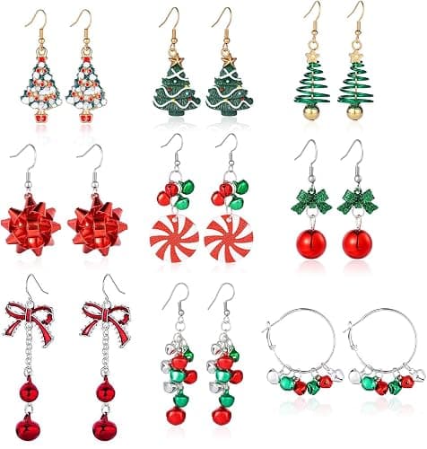 Cristina Christmas Earrings Set for Womens Gifts for Christmas Holiday Earrings Jewelry Bow Bell Tree Snowman Santa Dangle Earrings for Stocking Xmas Hoop Stud Earrings Christmas Party Jewelry - Image 1