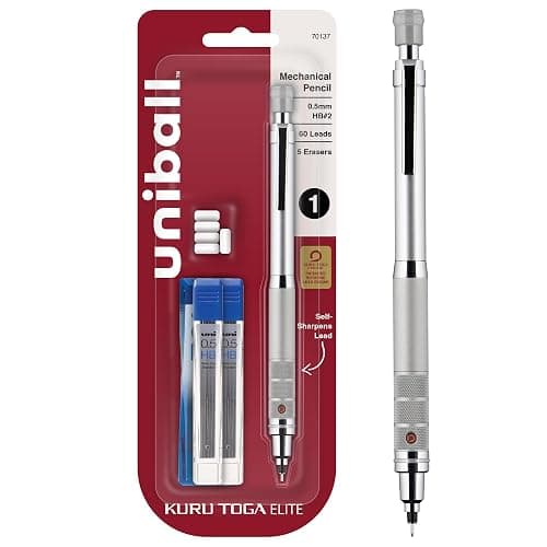 Uniball Kuru Toga Elite Mechanical Pencil Starter Kit with Silver Barrel and 0.5mm Tip; 60 Lead Refills; and 5 Pencil Eraser Refills; HB #2; Office Supplies; School Supplies; Drafting - Image 1