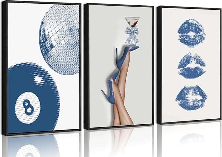 3Pcs BlueTrendy Aesthetic Canvas Wall Art,Fashion High-Heeled Shoe Print Posters,Lucky 8 Ball Lip Pictures,Y2K Stylish Wall Decor for Girls' Bedroom Dorm Apartment. 12x16in Framed - Image 1