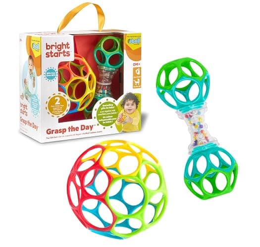 Bright Starts Easy-Grasp Oball Bundle Gift Set - Grasp The Day, Ball and Rattle Toys 2-Pack, BPA Free, Unisex, Newborn+ - Image 1