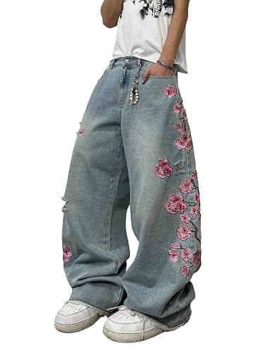 DFGIGT Men's Hip Hop Baggy Jeans Embroidered Wide Leg Skater Jeans Loose Fit Denim Pants Streetwear - Image 1