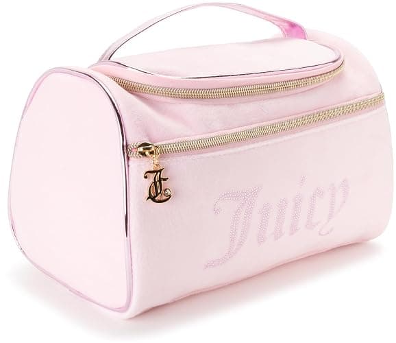 Juicy Couture Pink Makeup Bag Cosmetics Organizer Travel Essentials Hanging Duffel Velour Rhinestones - Image 1