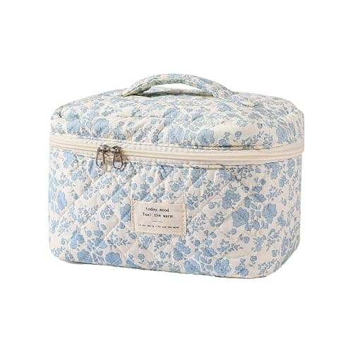 uekeboag Large Travel Quilted Makeup Bag for Women, Floral Cotton Cosmetic Bag, Coquette Aesthetic Floral Toiletry Organizer Bag - Image 1