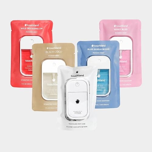 Touchland Hydrating Hand Sanitizer Spray – Dream 5 Set (Wild Watermelon, Berry Bliss, Beach Coco, Blue Sandalwood, Icy White Hand Mist Case) – 4 x 1 FL OZ Travel Size Mists, 1 x Accessory Included - Image 1