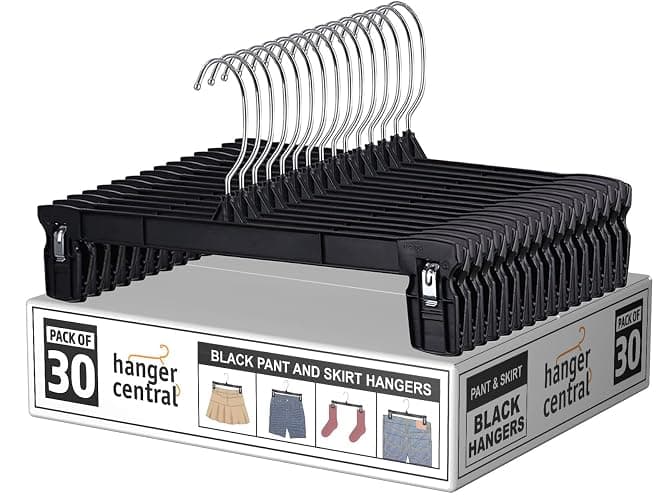 Hanger Central 30 Pack Pants Hangers – 10 Inch Slim Plastic Clothes Hangers with Clips for Skirts, Pants, Shorts – Heavy Duty Space Saving Non Slip Closet Organizer with Swivel Hook – Black - 10" 30pk - Image 1