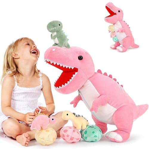 MorisMos Dinosaur Stuffed Animal with Babies,23.6'' Big Mommy Stuffed Dino T-rex with 3 Baby Dino Stuffed Toys & 3 Eggs Plush Inside Belly, Boy Girl Dinosaur Toys for Kids 3-5, Pink T-rex Toys Gift - Image 1