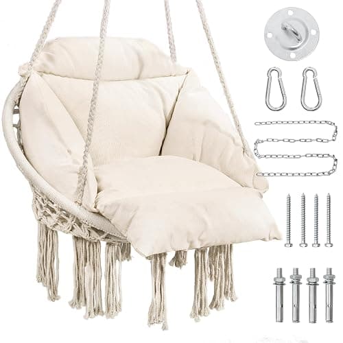 KROFEM Macrame Hammock Hanging Swinging Chair with Oversized Cushion, Perfect for Bedroom, Porch, Kids, Adults, Balcony, Beige - Image 1