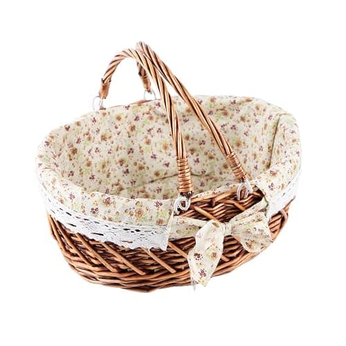 YRJJ Wicker Picnic Basket with Handles & Liner Oval Empty Gift Basket Willow Woven Easter Eggs & Candy Storage Basket Fruit Serving Basket Kids Blanket Toy Organizer, 1 - Image 1