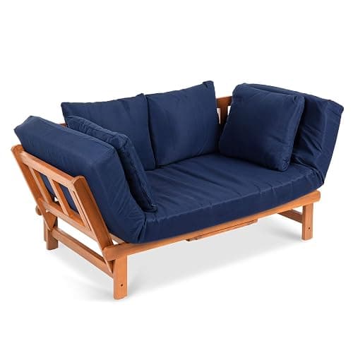 Best Choice Products Outdoor Convertible Acacia Wood Futon Sofa Furniture for Patio, Balcony, Poolside, Backyard w/Pullout Tray, Removable Weather-Resistant Cushion & 4 Pillows - Navy Blue - Image 1