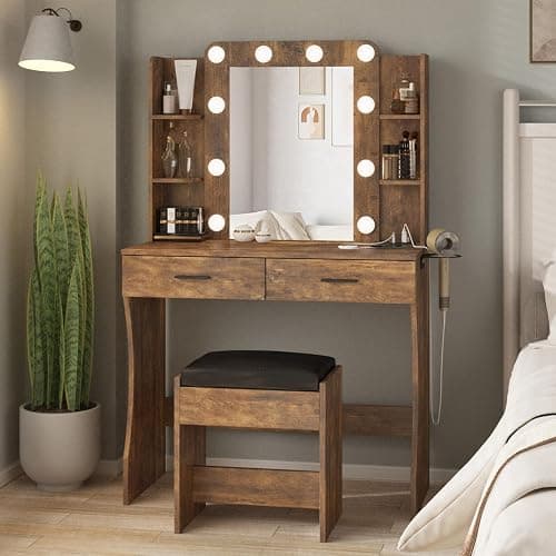 Vabches Vanity Desk with Lights,Makeup Vanity with Power Strip,Dressing Table Set with 2 Large Drawers,Vanity Mirror 3 Lighting Color Adjustable,Rustic Brown - Image 1