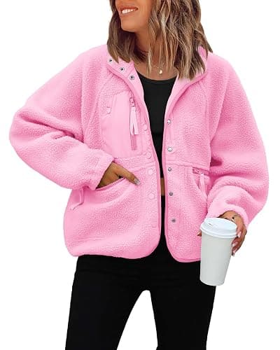 ReachMe Womens Sherpa Jacket Casual Lapel Button Down Cropped Fuzzy Fleece Jackets Long Sleeve Winter Coats with Pockets - Image 1