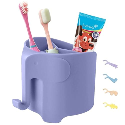 Hippywell Kids Toothbrush Holder, Cute Elephant Toothbrush Holders for Toddler, Toothbrush Toothpaste Holder for Bathroom, Toothbrush Organizer with 3 Slots and a Hook, Purple - Image 1