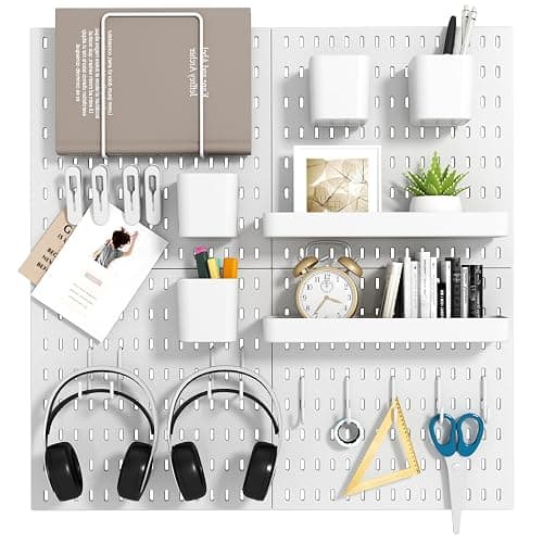 VEOFEMLEA Peg Board Combination Kit, 4 Pegboards with 20 Accessories, Pegboard Wall Organizer for Office, Nursery & Home Storage, Key Holder, 25.6"x25.6" – Nail-Free Installation(White) - Image 1