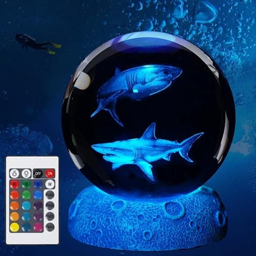 POSSHE Shark Night Light, 3D Crystal Ball Shark Lamp, Underwater Gifts with 16 Color Remote Upgraded 3.15 Inch Ball for Room Decor Boys Girls Birthday Xmas Cool Figurines Gifts - Image 1