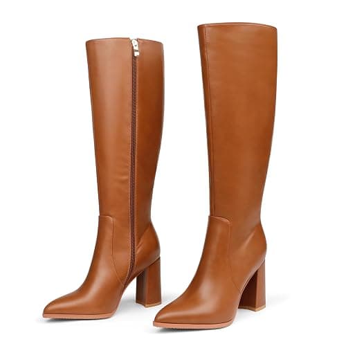 COLETER Women's Knee High Boots Pointed Toe Chunky Gogo Boots Zipper Block Heeled Tall Dress Boots - Image 1
