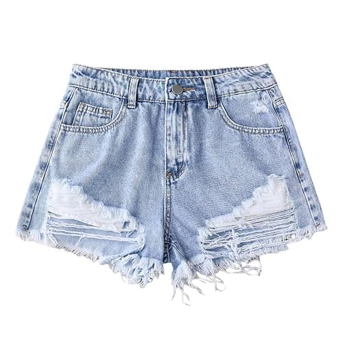 Girls Ripped Jean Shorts Button Elasticated Waist Wide Leg Denim Shorts Casual Fashion Loose Straight Leg Short Jeans with Pockets for Girls Teenagers 12-16 Years Summer Beach Holiday - Image 1