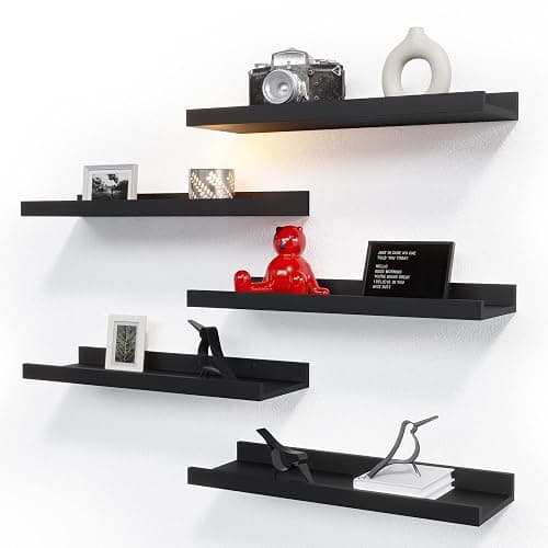 RICHER HOUSE 5 Set Floating Wall Mounted Shelves, Black Shelves for Wall Decor, Modern Picture Ledge Shelf with Lip for Storage, Nursery, Bedroom, Living Room, Bathroom - Black - Image 1