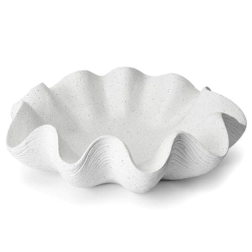 KEWOOL Scalloped Decorative Bowl Home Decor, 12.6" Shell Ruffle Fruit Bowl | Modern Handicraft Large Key/Purse/Catchall Bowl, Kitchen Counter/Entryway Table/Coffee Table Centerpiece Bowl, Spotted White - Image 1