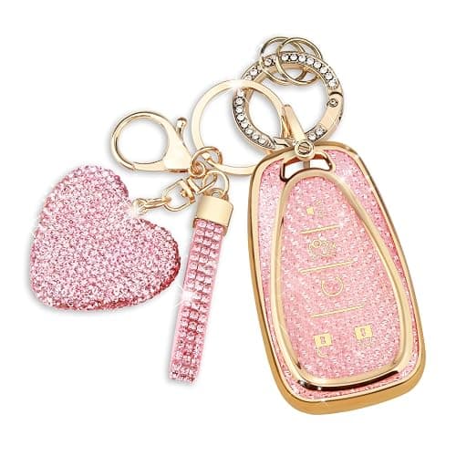 QBUC for Chevy Key Fob Cover with Diamond Keychain, 5 Button Key Case for Women for Chevrolet Equinox Malibu Camaro Blazer Cruze Traverse Trax Volt Bolt 2016-2023 Key Accessories(Gold-Pink Heart) - Image 1