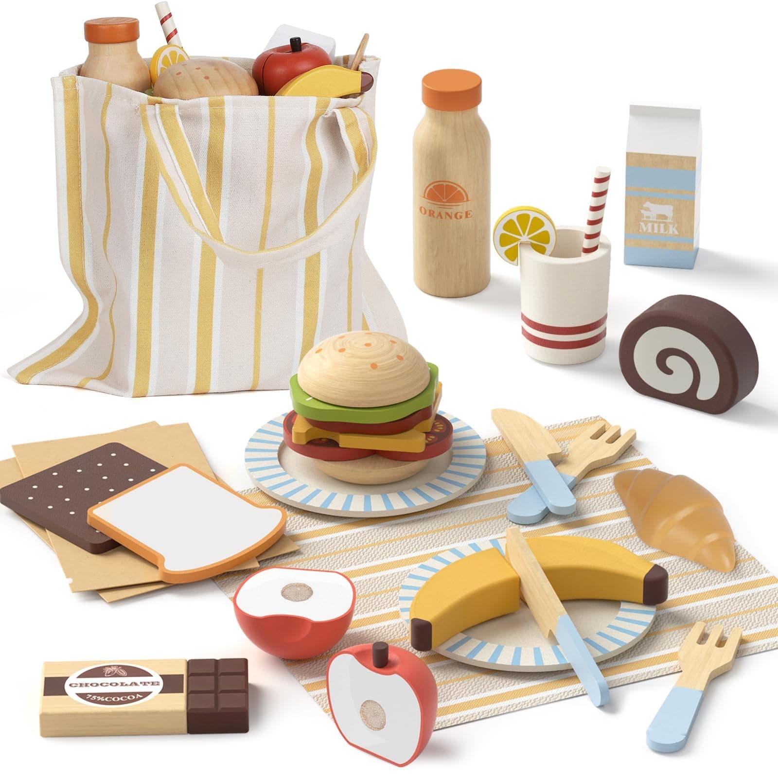 Lehoo Castle Play Food, Pretend Wooden Role Play Food Set 21 Pcs, Cutting Fruit Dessert, Kitchen Accessories Cutting Food Toys for Kids Ages 3+ - Image 1