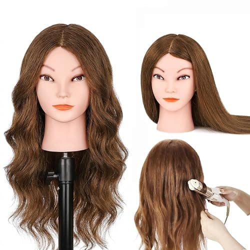 Mannequin Head with 100% Real Human Hair, Beauty Star Manikin Doll Head for Hair Styling, Cosmetology Hairdressing Training Practice Head with Clamp Stand and Braiding Accessories Kit (18" Dark Brown) - Image 1