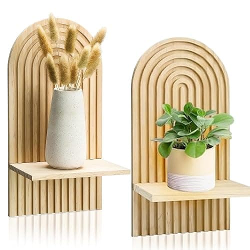 Boho Wall Shelf Set of 2-15 x 8.6 Inch Arched Wooden Hanging Shelves for Living Room & Bedroom - Mid-Century Modern Bohemian Wall Decor (Natural Wood Finish) - Image 1