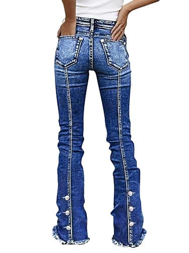 Flamingals Mid Rise Bootcut Jeans for Women Wash Seam Back Button Decor Raw Hem Denim Jeans with Pockets - Image 1