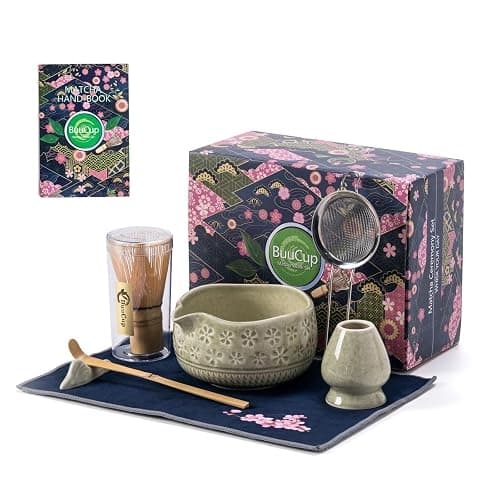 Buucup Matcha Whisk Set, Ceramic Matcha Kit Set Includes Matcha Bowl, Matcha Whisk and Holder, Bamboo Scoop, Scoop Rest, Sifter and Tea Towel - 7 Pcs Matcha Kit for Matcha Lovers (Mottled Green) - Image 1
