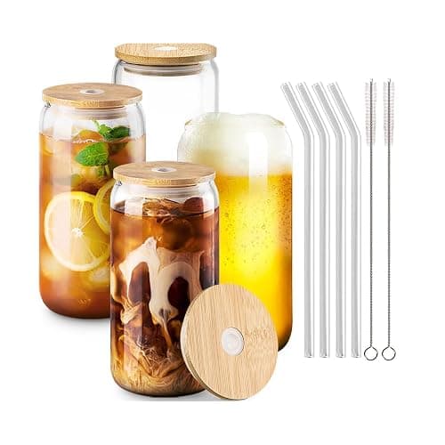 4-Pack 16oz Can Shaped Glass Cups Set, Drinking Glasses with Bamboo Lids and Glass Straw, Beer Glasses, Iced Coffee Glasses, Clear Cute Tumbler Cup, Ideal for Cocktail, Coke, Soda(2 Cleaning Brushes) - Image 1