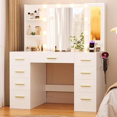 ERLEJIA Vanity Desk with Mirror and Lights, 43" Large Makeup Dressing Table with 9 Drawers & 3 Shelves, RGB LED Lighting & Power Outlet, White and Gold - Image 1