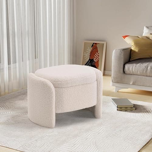 TUOMUR 27 Inch Teddy Fabric Oval Storage Ottoman, Upholstered Foot Stools Ottoman with Storage, Vanity Stool, Modern Multifunctional Chair for Makeup Room, Bedroom, Living Room (Beige) - Image 1