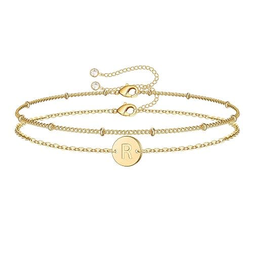 MONOZO Gold Initial Bracelets for Women Girls Jewelry Gifts - Dainty 14K Gold Plated Layered Beaded Letter Initial Bracelet 26 Alphabet Disc Monogram Charm Bracelet Jewelry Birthday Gifts for Women - Image 1