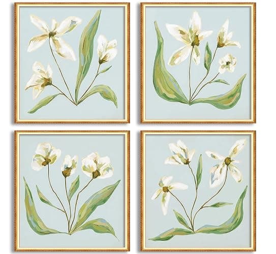 Light Blue White Flower Wall Art Southern Coastal Modern Floral Painting Picture Wall Decor Minimalist Botanical Poster Print Artwork for Living Room Bedroom Bathroom Kitchen Home Decoration Unframed - Image 1